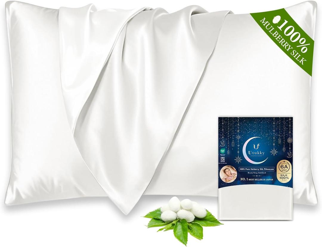 Utukky 100% Mulberry Silk Pillowcase 22 Momme - Ultra Premium 6A Grade Silk Pillow Case - Envelope Enclosure - Breathable Cooling Pillow Cover (Standard (20" x 26"), Ivory)