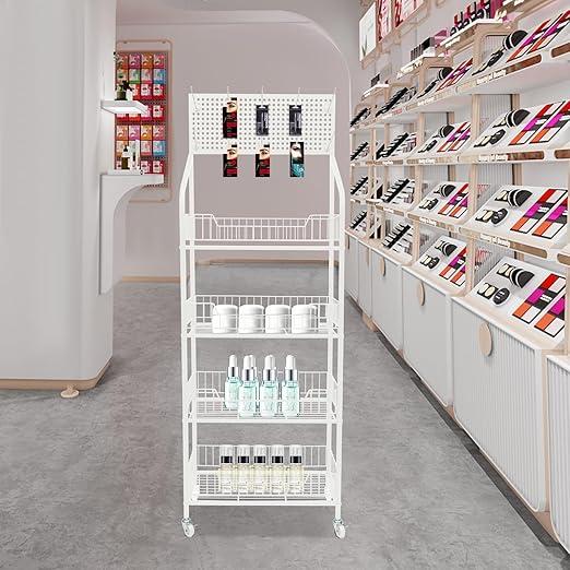 4 Tier Retail Candy Snack Display Rack Metal Storage Shelf with Wheels & Hooks Snack Candy Potato Chip Display Rack Stand for Home Convenience Stores Kitchen White