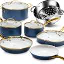 Gotham Steel 12 Pc Ceramic Cookware Set Nonstick, Ceramic Pots and Pans Set Non Stick with Steamer for Cooking, Non Toxic PFOA PFOS Free, Premium Stay Cool Handles, Oven & Dishwasher Safe (Navy Gold)