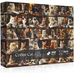 Cat Puzzles for Adults 1000 Pieces and Up, Vintage Cats Animal Puzzle Collects 40 Coffee Book Cats Collage Jigsaw Puzzle, Retro Funny Kitten Puzzle as Cat Wall Decor