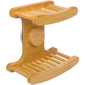 Suction Cup Soap Dish for ShowerBamboo Soap Dish Holder for Shower, Suction Cup NO-Drilling, Self Draining for BathroomNatural Bamboo Color (Double soap Holder, Rectangular)