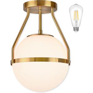 Bagood 10" Modern Semi Flush Mount Ceiling Light Fixture Mid Century Ceiling Light Globe Ceiling Light Fixture with Milk Glass Shade Brass Finish for Kitchen Island Hallway Living Room (Bulb Incl.)