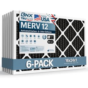 BNX TruFilter 16x24x1 MERV 12 Odor Defense (6-Pack) AC Furnace Air Filter with Activated Carbon - MADE IN USA - Pleated Air Conditioner HVAC AC Furnace Filters - Removes Odor, Mold, Bacteria, Smoke