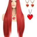 morvaly Womens Long Red Wig with Necklace and Earrings for Queen Costume Middle Part Deep Red Straight Hair Wigs for Adults Halloween Costume Cosplay