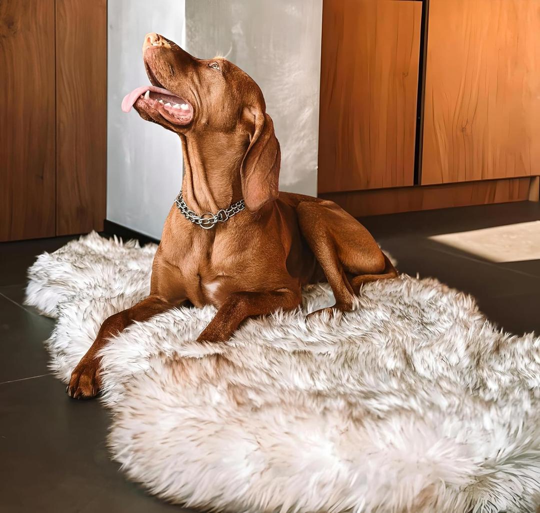 IHAPPYDOG Luxury Faux Fur Orthopedic Dog Bed, Memory Foam Dog Bed for Small, Medium, Large and XL Pets, Fluffy Pet Rug with Waterproof and Washable Cover, White, Giant 60x35
