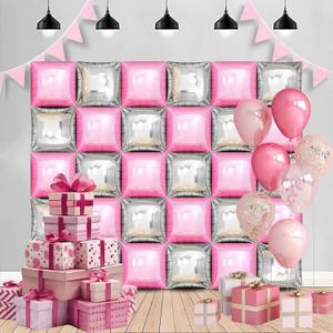 Metallic Pink and Silver Square Foil Balloons Wall - 19 Inches Square Balloons Tunnel Arch Garland Kit for Graduation Decorations Class of 2025, Graduation Party Decorations, Engagement Party