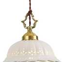 Brass Vintage Ceramic Pendant Light Fixture，Mid Cenrury White Ceramic Chandelier with Petal-Shaped Cutouts Hanging Light for Kitchen Island Dining Room Bedroom Hallway