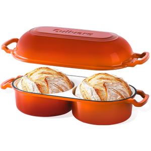 Cast Iron Bread Pan with Lid, Mini Enamel Sourdough Baking Dutch Oven Pot, Double Round Loaf Space for Homemade, Bread, Cake, Meatloaf, 16.5cm Diameter, 500F Oven Safe, Non Stick, Orange