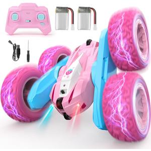 Remote Control Car, Pink RC Cars for Girls, Rechargeable RC Truck, 2.4Ghz Double Sided 360 Rotating Stunt Car Toy with Headlights, Birthday Gift for Kids Age 3+