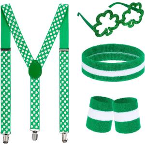 4pcs St. Patrick's Day Accessory Set - Shamrock Suspenders, Glitter Glasses, Striped Wristbands & Headband for Leprechaun Costume Irish Party Outfit