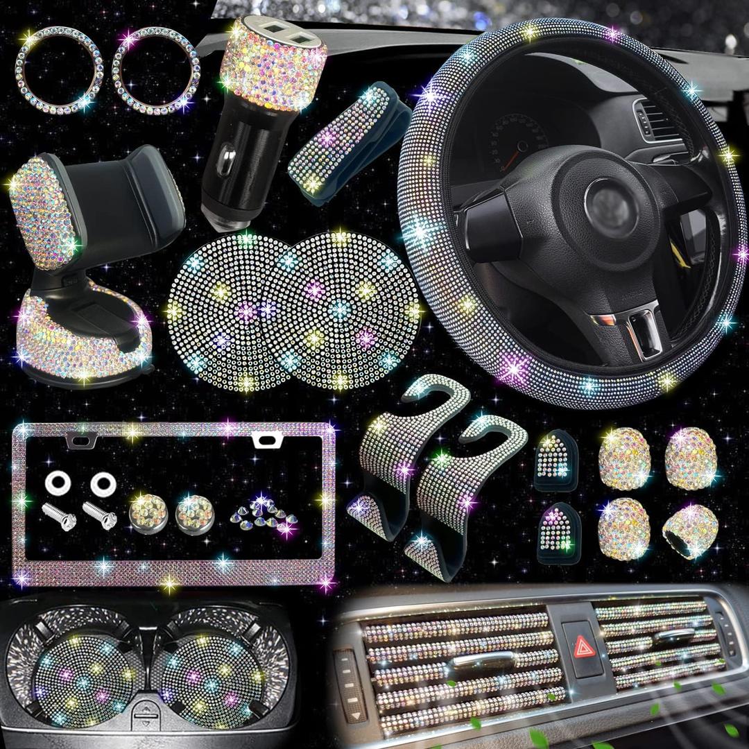 NBTEPEM 27 PCs Multicolor Bling Car Accessories Set for Women, Steering Wheel Covers Universal Fit 15 Inch, Bling License Plate Frame, Bling Phone Holder, Bling Car Coasters