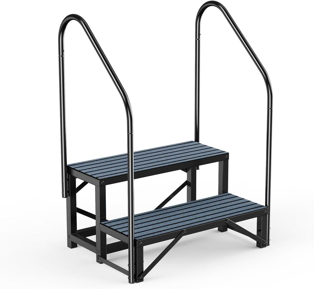 RV Steps Spa Steps with Handrail - 2 Step Hot Tub Steps Trailer Steps Mobile Home Stairs for 5th Wheel RV, Trailer, Hot Tub, Pool, Porch with Non-Slip Mats
