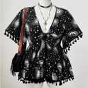 Women's Plus Size Boho Graphic Blouse Shirt Bow Tie Knot Half Sleeve Ruffle Hippie Peplum Tops (Black, L)