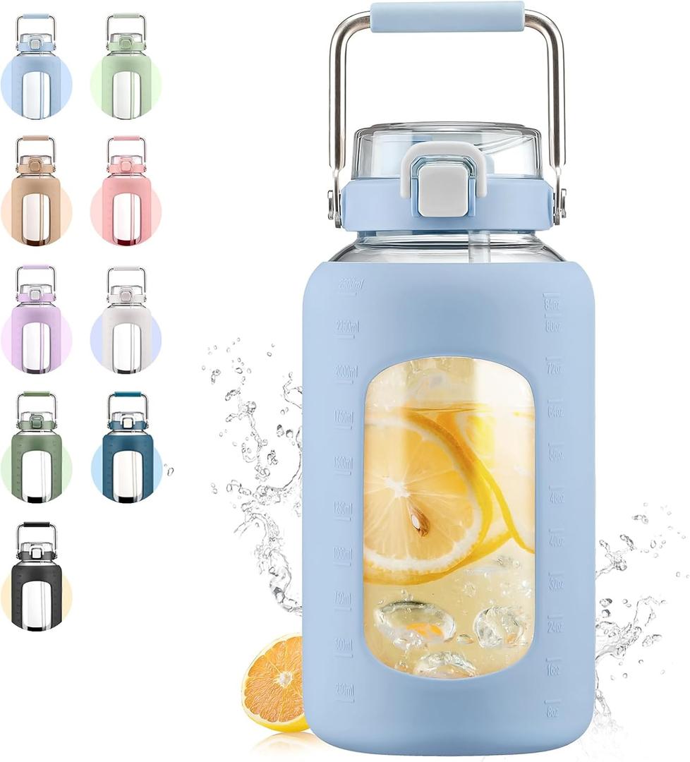 WINSA 84oz Glass Water Bottle with Stainless Steel Handle,2.5L Gallon Water Bottle with 2-IN-1 Straw Lid, Silicone Sleeve and Motivational Capacity Marker, Wide Mouth Water Jug For Gym, Workout, Blue