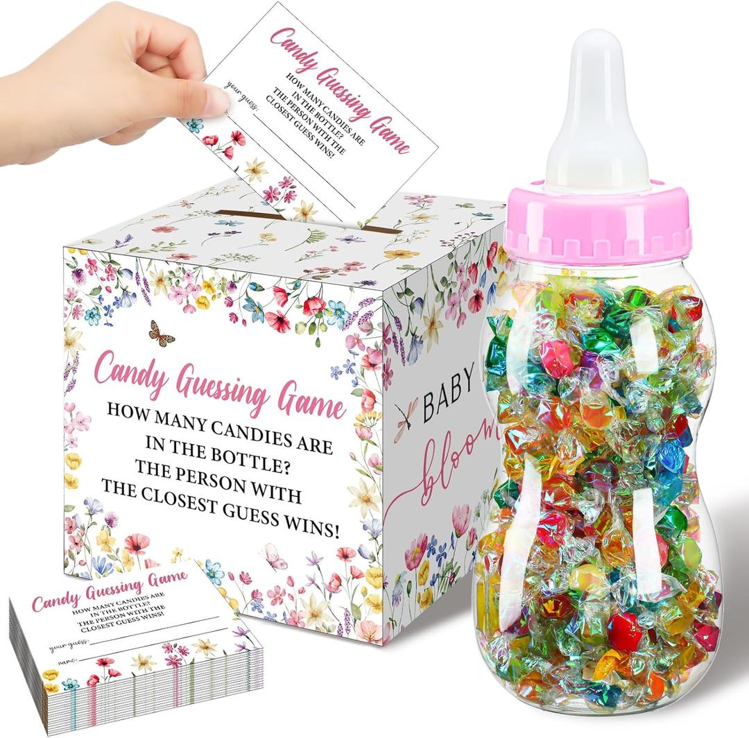 Glenmal 52 Pcs Baby Shower Games Gift Sets Large Baby Bottle for Shower Game Guess How Many Candies Decorations for Gender Reveal(Baby in Bloom)