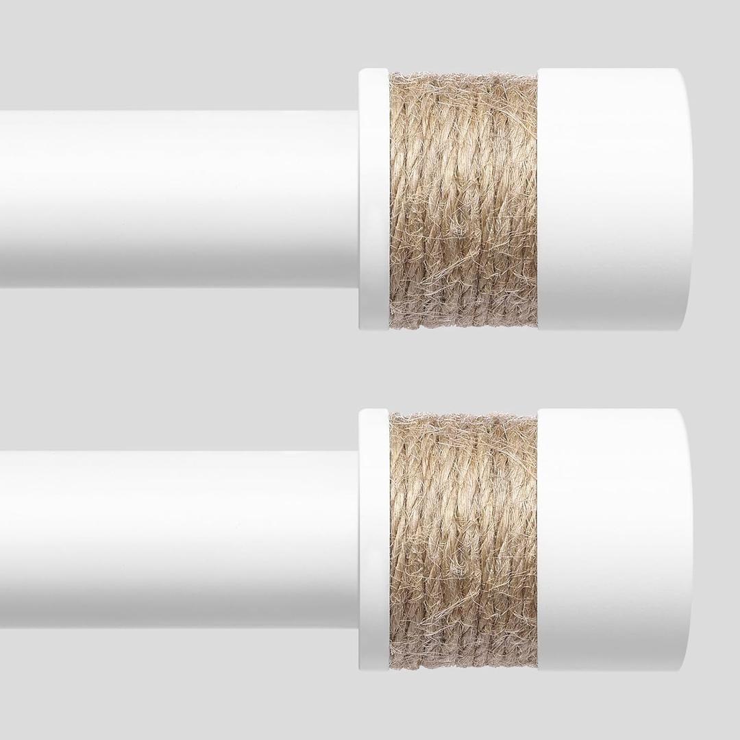 2 Pack White Curtain Rods for Windows 48 to 84 Inch, 1" Boho Decorative Drapery Rod with Twine Wrapped End Cap Finials, Adjustable Vintage Rustic Farmhouse Window Treatment Rods, Easy Install