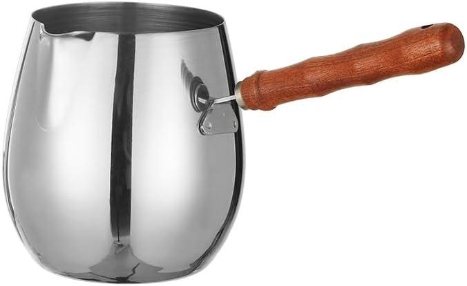 Turkish Coffee Pot 14oz/420ml with Wooden Handle, 18/8 Stainless Steel, Cezve Ibrik Briki Stovetop Warmer for Milk Butter Chocolate Melting, Greek Arabic Coffee Maker, Maple Syrup & Sauce Heating Pan