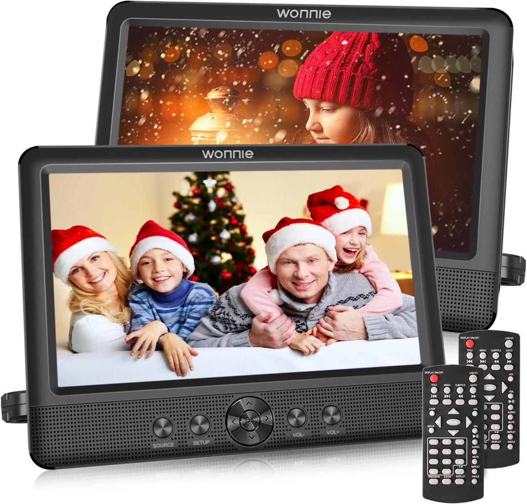 WONNIE 10.5" Two DVD Players Dual Screen for Car Portable CD Player, Play a Same or Two Different Movies with Two Mounting Brackets, 5-Hour Rechargeable Battery, Support USB/SD Card Reader Black