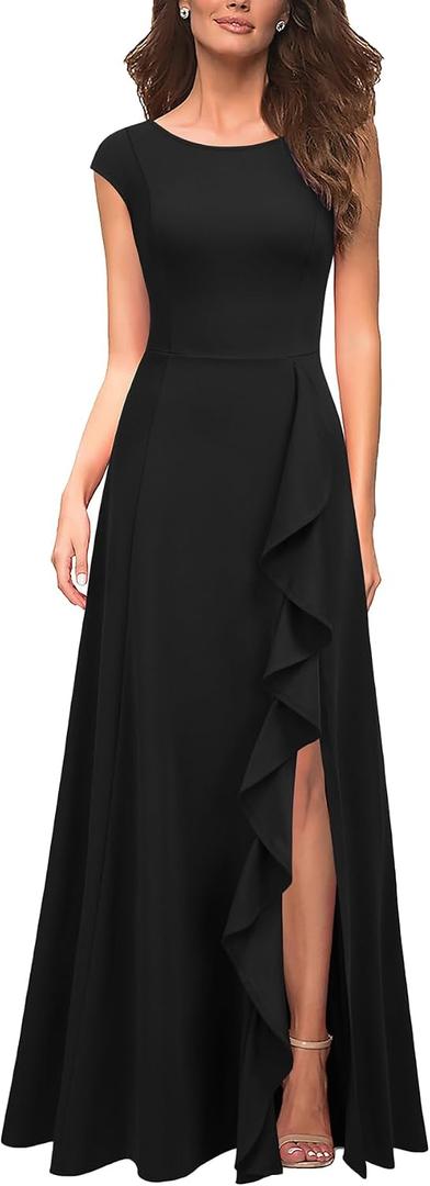 MUSHARE Women's Cocktail Dresses with Pockets Ruffled Sexy Split Party Long Formal Dress (Black, L)