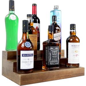TONGMO Liquor Bottle Stand - 16 Inch 3 Tier Liquor Bar Bottle Display Shelf, Holds 15 Bottles, Solid Wood, No Installation Required (Dark Walnut)