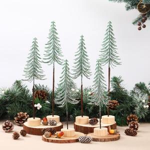Jetec 6 Pcs Mini Christmas Tree Small Alpine Trees Tabletop Artificial Pine Christmas Tree with Wooden Base Snow Frost Village Bottle Brush Trees Holiday Season Decoration Centerpiece Displays(Green)