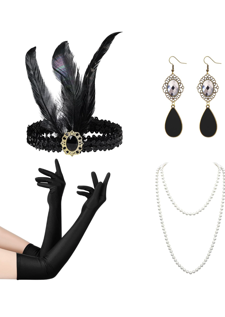 Women 1920s Flapper Set,Roaring 20s Headband Headpiece Costume Accessories for Halloween Party Cosplay