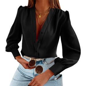 Women's Business Casual Tops Summer Long Sleeve Button Down Shirts V Neck Chiffon Blouses (Large)