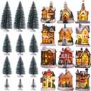 Kajaia 12 Pieces Christmas Winter Houses Village with 12 Pieces Trees Lamp LED Lights Christmas Winter Village Town Buildings Accessories for Thanksgiving Halloween Village Figurine Desktop Decor (Classic Color)