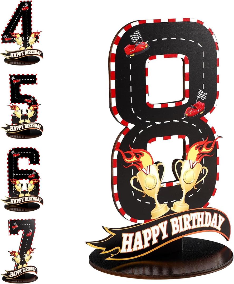 3 x Race Car Birthday Eighth Number Eight Sign, Wooden Race Car Theme 8th Centerpiece with Racing Track and Trophy Patterns Party Table Decoration for Birthday Party Topper Photo Props(Number 8)