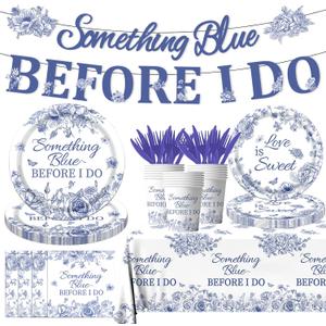 142PCS Something Blue Before I Do Bridal Shower Decorations Bridal Shower Party Favors for 20 Guests Blue Floral Plates and Napkins Tableware Set for Wedding Engagement