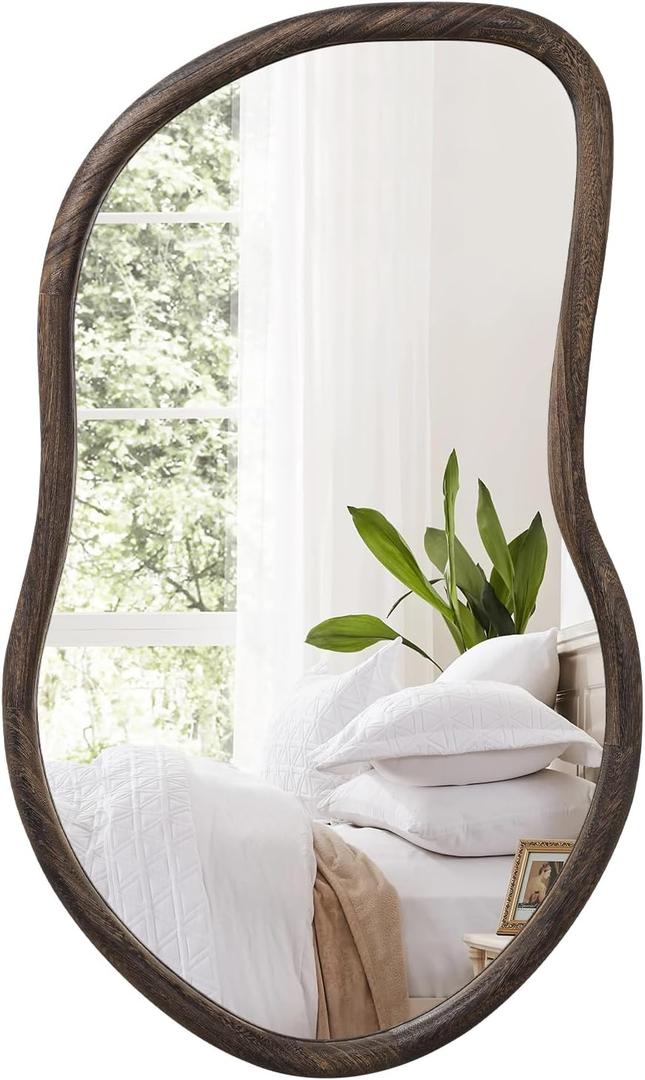 Asymmetrical Wall Mirror Rustic Farmhouse Irregular Mirrors Wood Framed Mirror for Wall Brown Wall Mirrors Decorative Hanging Mirrors for Wall Living Room Bedroom Entryway