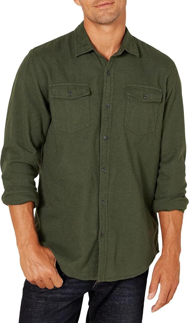 Amazon Essentials Men's Regular-Fit Long-Sleeve Two-Pocket Flannel Shirt (Medium, Olive Heather)