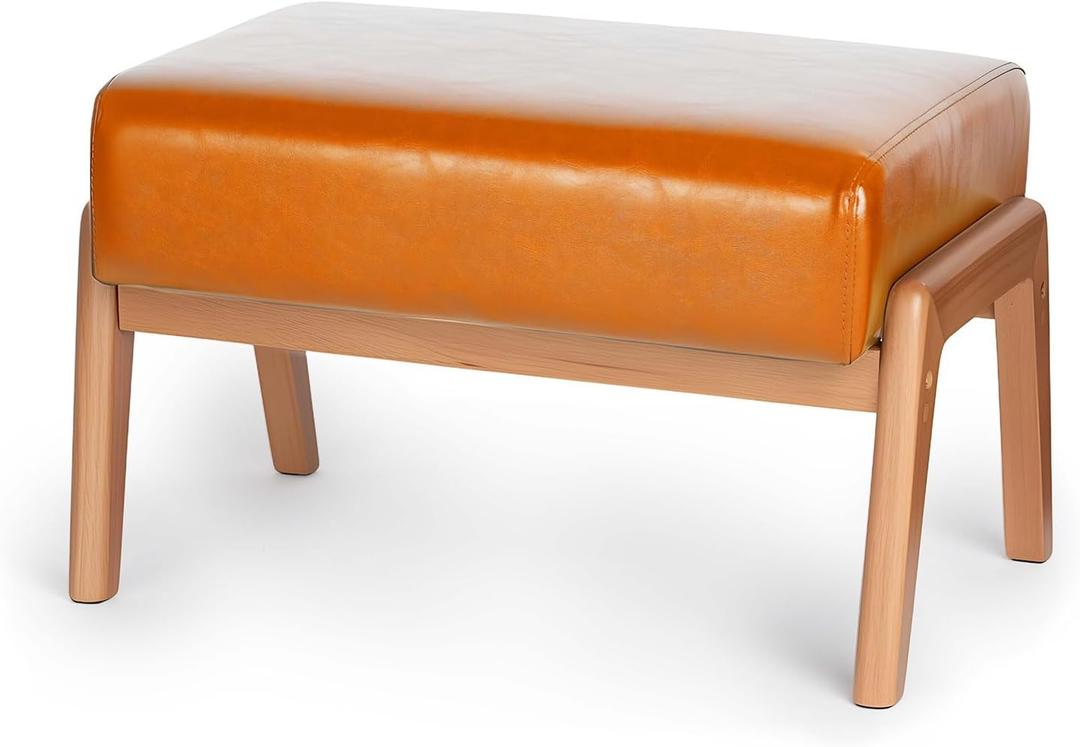 15inch Ottoman Foot Rest, Leatherette Ottoman Bench, Modern Accent Sofa Stool Foot Stool for Accent Chair, Walnut Wood Frame & Thickness Cushion, Yellowish