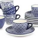 Selamica Ceramic 2 oz Espresso Cups, Small Expresso Coffee Cup Set with Saucers, Porcelain Mini Demitasse Cups for Latte Mocha Tea, Set of 6, Vintage Blue