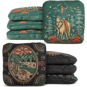 Play Platoon Tournament Series Cornhole Bags - Pro Style Dual Sided Slick and Sticky Side Bags - Set of 8 - Designed in USA (Green / Black Horse & Buffalo)
