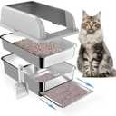 23.6"x15.7"x6" Enclosed Stainless Steel Litter Box with Lid, XL Sifting Litter Box for Pine Pellets with Removable Drawer Pan for Easy Cleaning, High Sides Large Metal Litter Box System for Big Cats, Silver