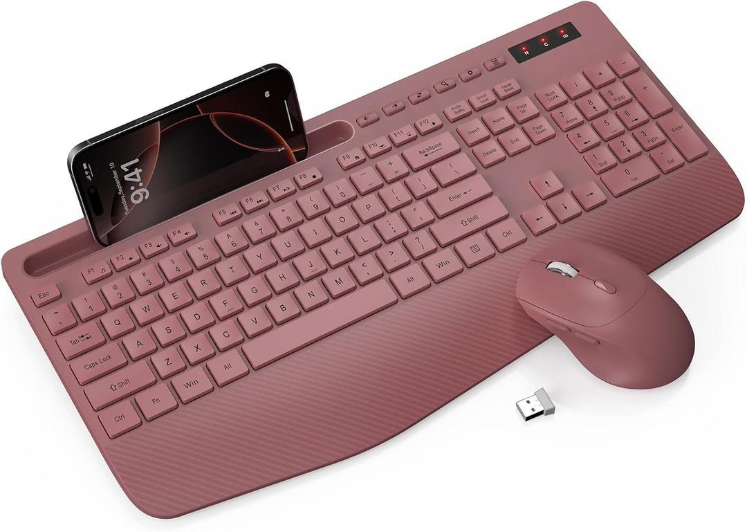 Wireless Keyboard and Mouse Combo Full Sized Ergonomic Keyboard with Wrist Rest, Phone Holder, Sleep Mode, Silent 2.4GHz Cordless Keyboard Mouse Combo for Computer, Laptop, PC, Mac, Windows Trueque, Brown