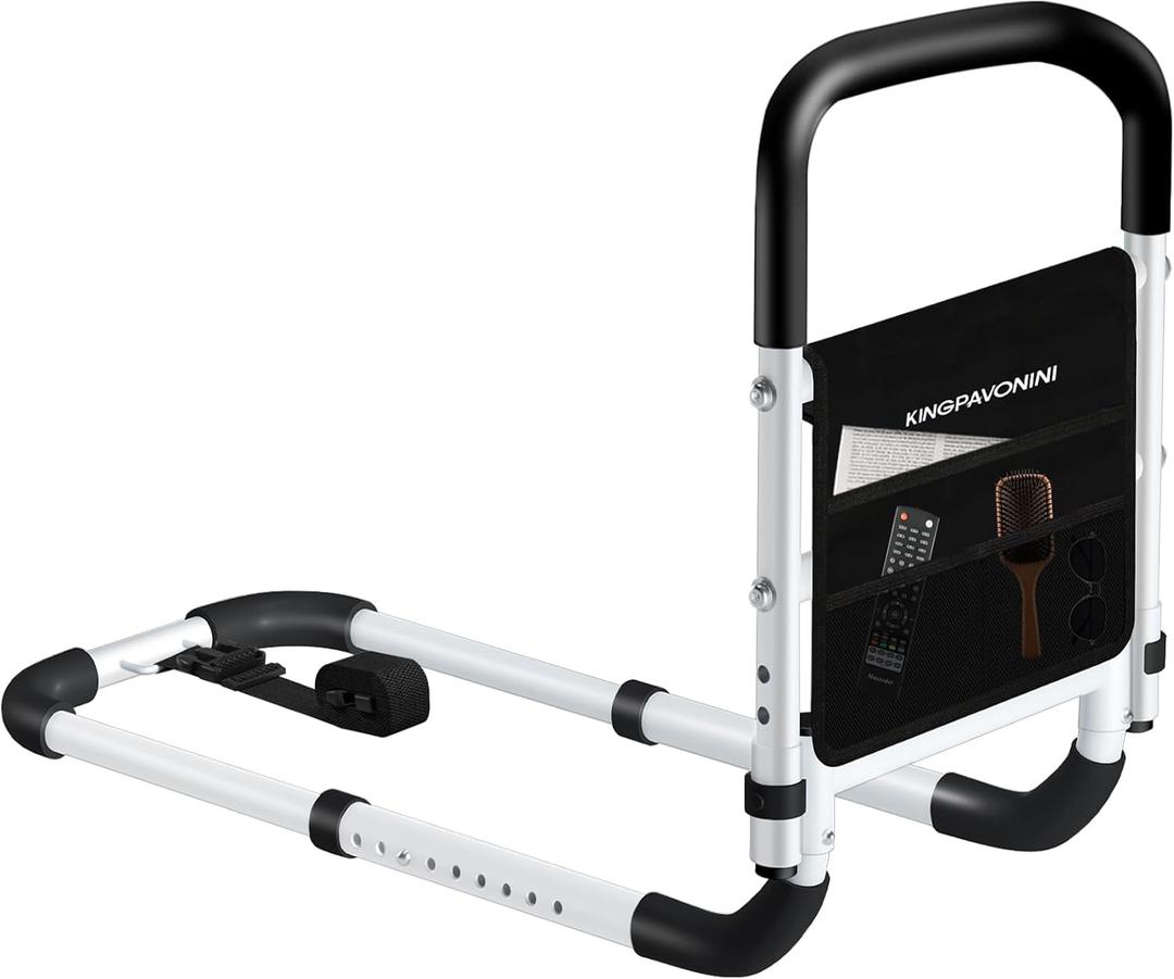 KingPavonini Bed Rails for Elderly Adults Safety - Adjustable Bed Cane with Non-Slip Ergonomic Handle and Storage Pocket, Bed Railings for Seniors Hold up to 350 Lbs, Tool-Free Installation (Medium)