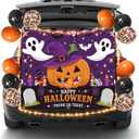 Halloween Trunk or Treat Car Decorations Kit for SUV, Happy Halloween Car Decorations with Lighted Backdrop Cute Ghost Spider Cutouts Balloons for Archway Garage Haloween Party Decor (Purple)