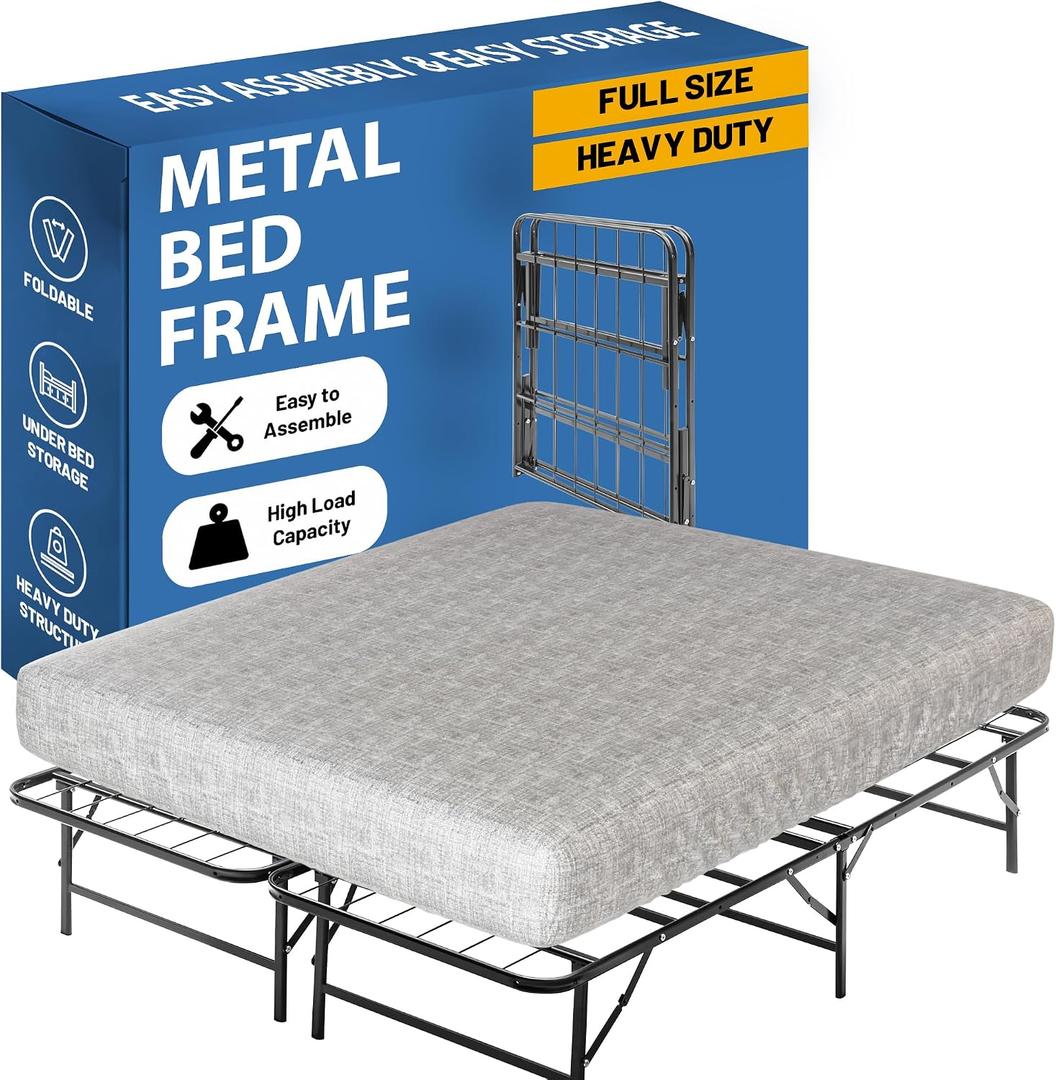 Greaton, 14-Inch Foldable Metal Platform Bed Frame with Tool Free Setup, Sturdy Steel, No Box Spring Needed, Full, Black