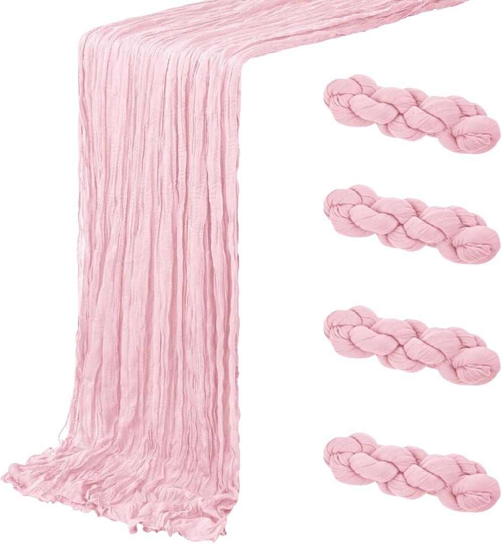 4 Pack Light Pink Cheesecloth Table Runner 20 x 120 inch Gauze Table Runners 10 FT Long, Semi Sheer Boho Cheese Cloth Fabric Table Runner Bulk for Wedding, Party, Baby Shower, Bridal Shower Decoration