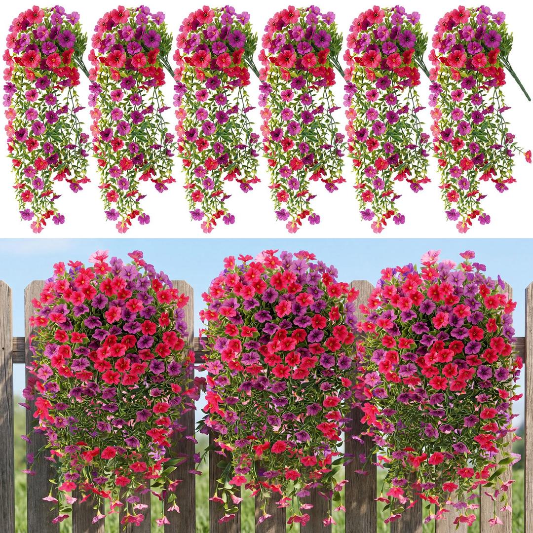 2 x Suncalla 6 Pcs Artificial Fake Hanging Flowers Plants for Outdoor Decoration Faux Silk Long Vine UV Resistant Look Real for Spring Summer Outside Home Porch Patio(Red Rose Light Purple)