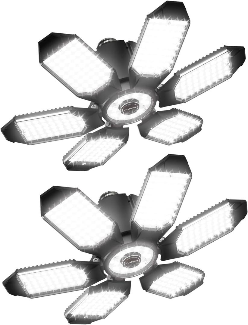 Adiding LED Garage Light 2 Pack, Super Bright 20000Lm Basement Ceiling Lighting w/ 6+1 Deformable Panels Screw in E26 Bulb Base Socket for Workshop Attic Warehouse Utility Laundry Storage Area