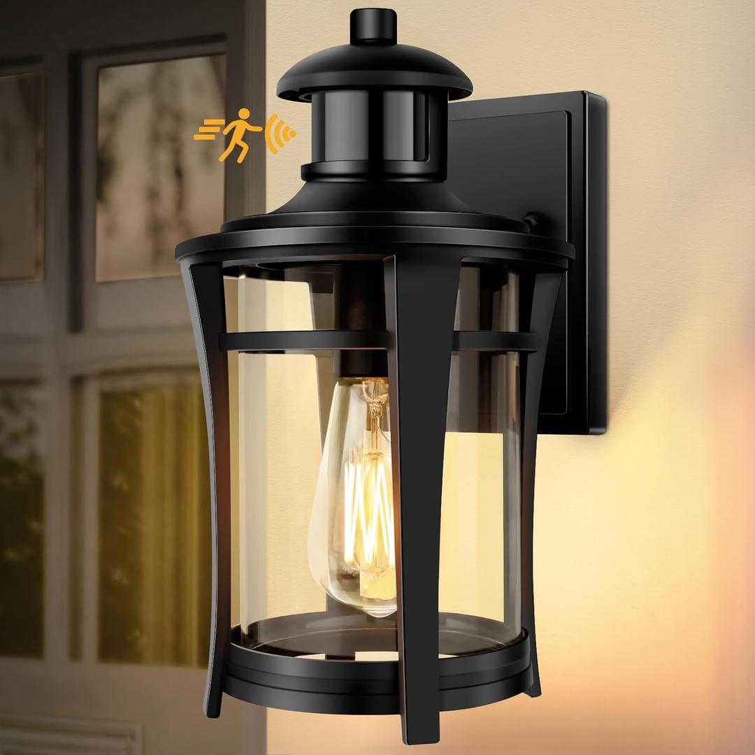Motion Sensor Outdoor Lights, 3 Lighting Modes Porch Light Fixture for House, Dusk to Dawn Exterior Wall Light, Waterproof Aluminum Anti-Rust Lantern for Garage Entryway, Motion Activated (1pack, Black)