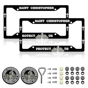 Saint Christopher License Plate Frames，St Christopher Car Accessories for Women & Men，Jesus License Plate Holder, Christian License Plate Frame Fits Standard US Vehicles Size 12.2 x 6 Inch (2pcs)