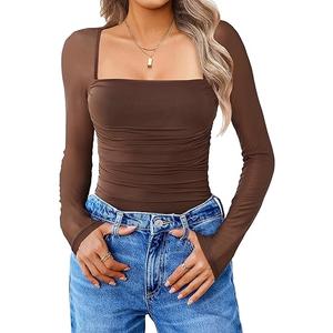Avidlove Women's Square Neck Mesh Long Sleeve Bodysuit Shirts Ruched Body Suit Sexy Sheer Tops Date Night Outfit (XL, Brown) 