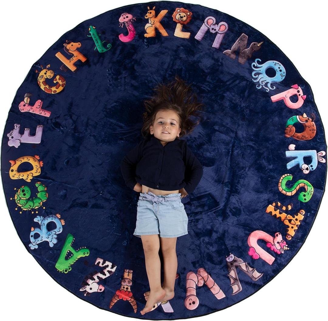 Malamaa ABC Alphabet Rug for Kids  6 ft Round Blue Play Mat for Toddlers & Babies, Soft Nursery Decor for Learning Letters, Classroom & Playroom Area Mat (72" (Circle Blue))