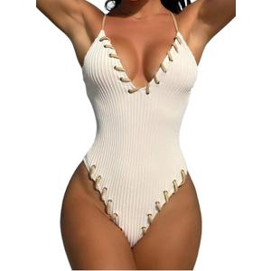 WODECASA Women's V Neck High Cut One Piece Swimsuit Ribbed Criss Cross Tie Back Bathing Suit Monokini (Beige, L)