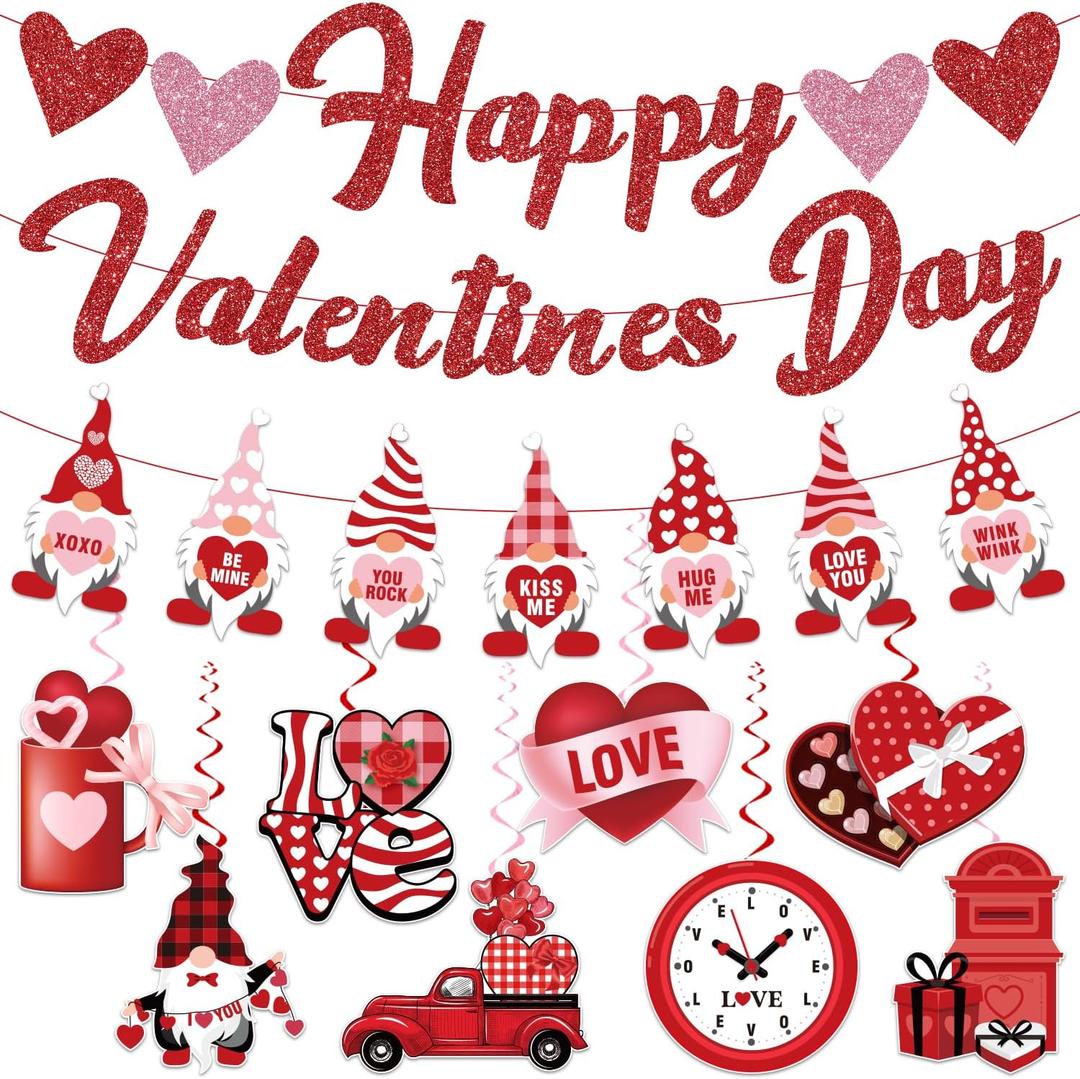 Biswiter Valentines Day Decorations, NO-DIY Party Decorations Includes Glitter Happy Banner, Supplies Hanging Swirls, for Office