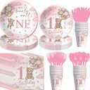 Bear 1st Birthday Plates and Napkins Party Decorations Girl Tableware, Pink Teddy Bear Theme We Can Bearly Wait One Party Supplies, First Birthday Paper Plate, Cup, Napkin, Cutlery, Serves 24